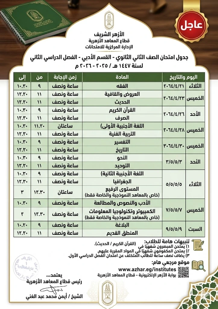 خطة الوزارة الآن جدول امتحانات الترم الثاني الازهري 2026 للابتدائي والإعدادي والثانوي