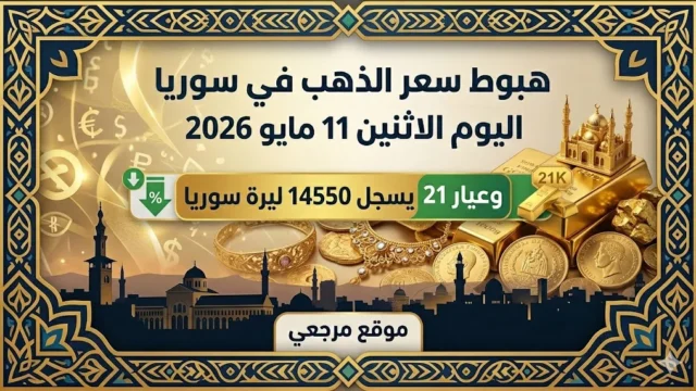 هبوط سعر الذهب في سوريا اليوم الاثنين 11 مايو 2026 وعيار 21 يسجل 14550 ليرة